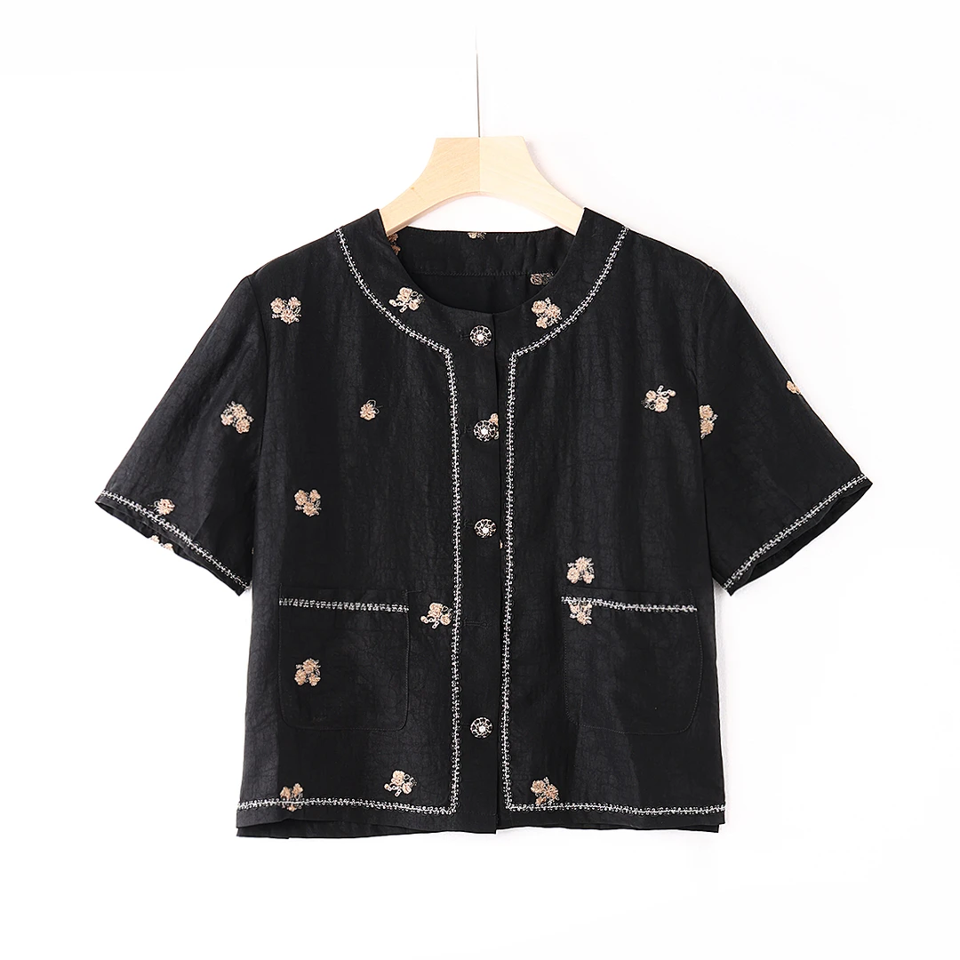 【澜亭絮絮】桑蚕丝香云纱重工刺绣小衫25-020