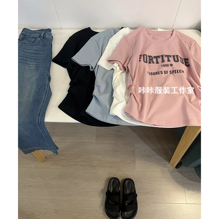 REKAYYAT“辣妹T”韩版时尚显瘦洋气百搭减龄款捏褶字母圆领短袖T恤