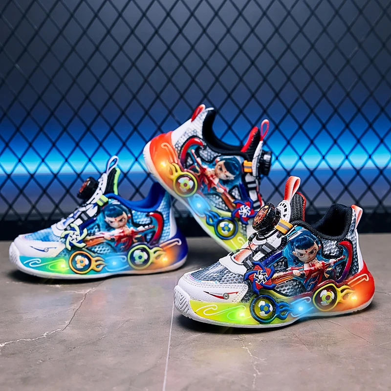 夏季透网男童亮灯鞋子吒哪闹海运动鞋新款韩版儿童透气休闲跑步鞋