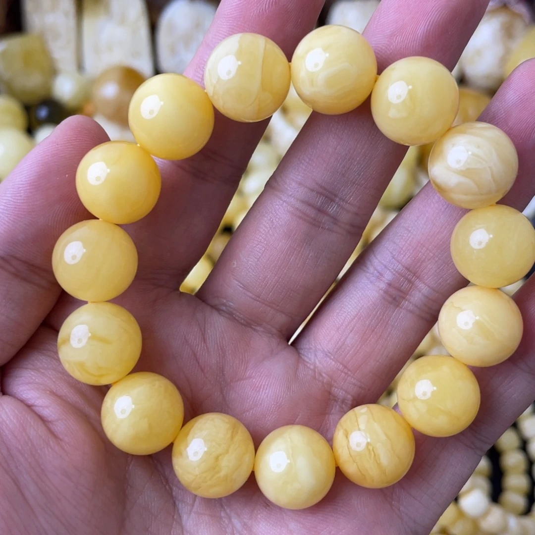 未镶嵌琥珀手串14+俄料浓蜡白花圆珠手串