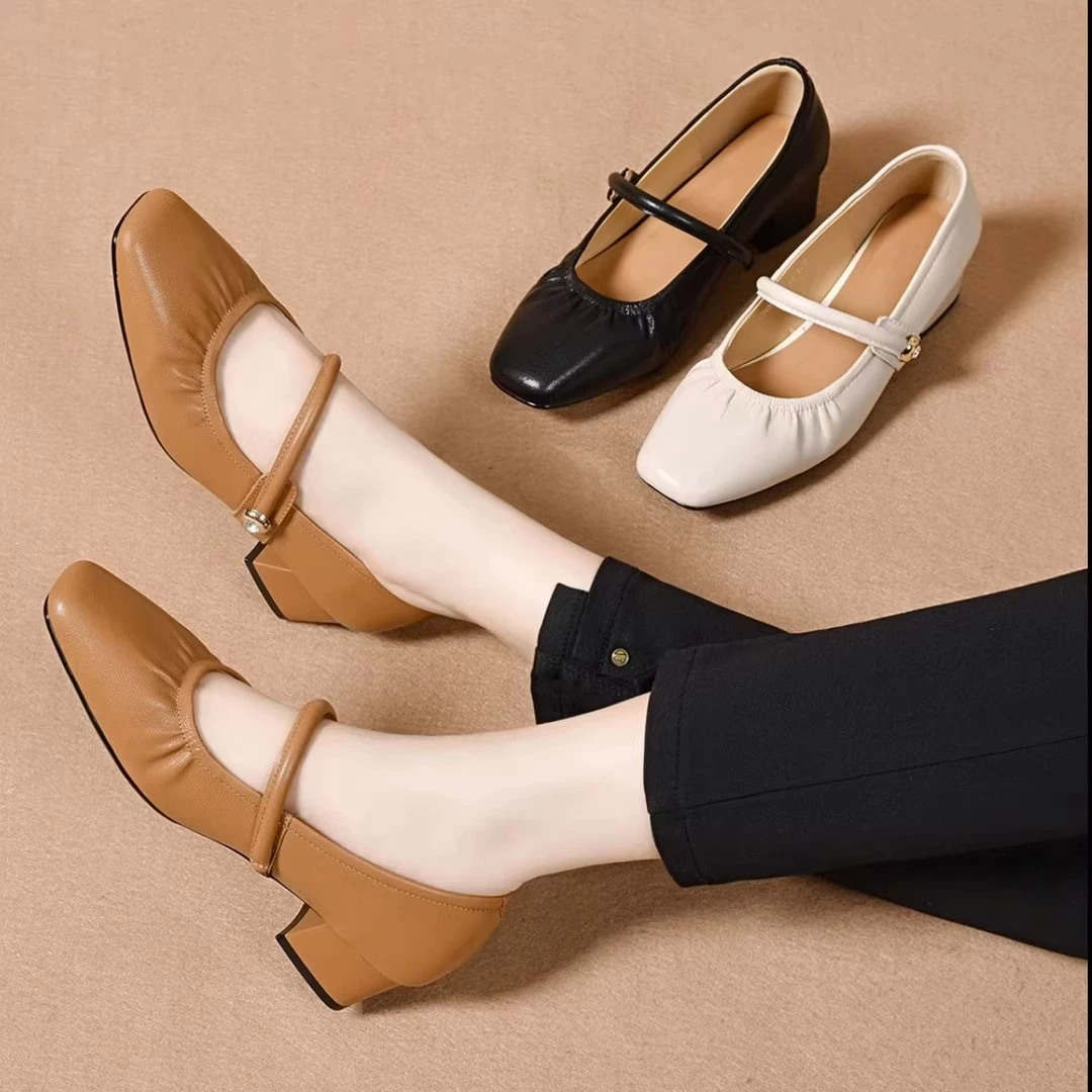 2025新款软底鞋玛丽珍鞋复古时尚中跟软皮百搭粗跟浅口方头女单鞋
