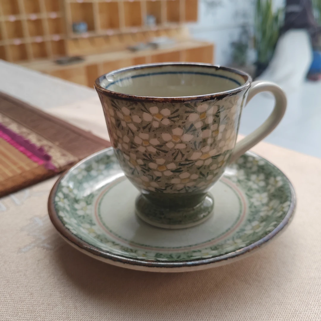 手绘冰釉粗陶马克杯咖啡杯全新带碟冰裂开片