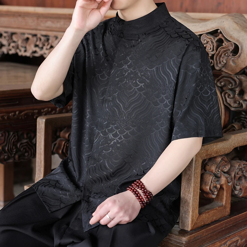 中国风海水江崖纹提花冰丝衬衫男短袖新中式潮牌唐装复古立领衬衣