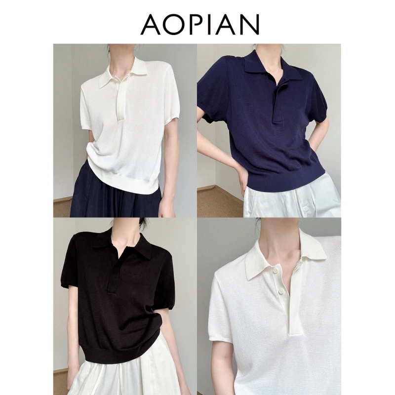 奥篇 Aopian法式高级老钱风 纯色极简莱赛尔天丝Polo领短袖针织衫
