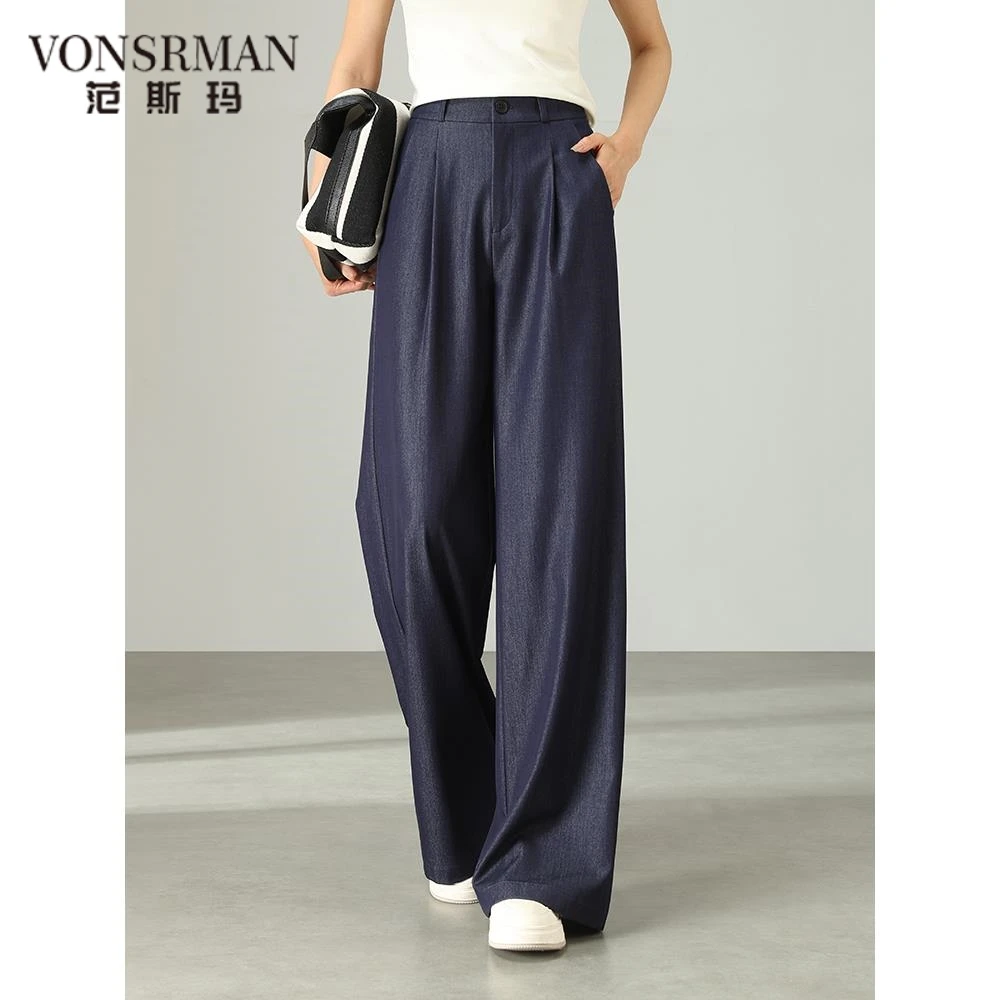 高腰阔腿牛仔裤女2025新款夏季薄款直筒宽松拖地裤深蓝色显瘦裤子