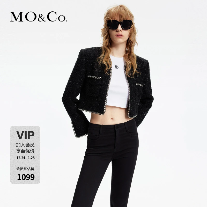 MOCO春重工金属嵌边细闪粗花呢垫肩短廓形外套MBD1COT008