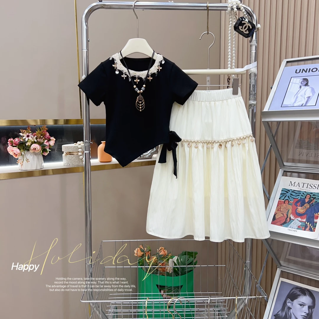 女童夏季波西米亚风上衣+米杏半身裙两件套-6139