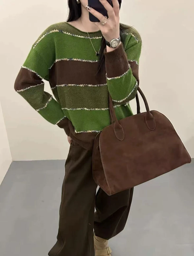 【S14】BLF诗语严选/复古咖绿撞色羊驼毛针织毛衣L1013百搭时尚