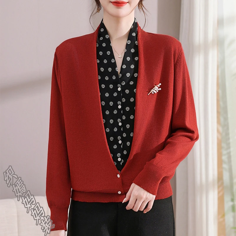 妈妈秋装针织假两件上衣洋气2025中老年女装时尚拼接长袖打底衫
