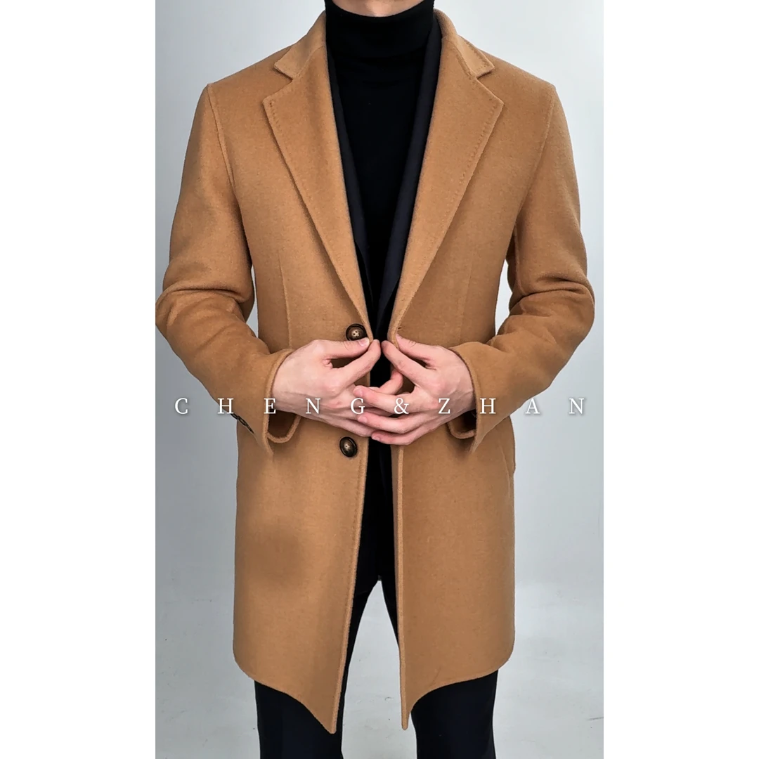 【春季特惠】撑展男秋冬双面毛呢休闲简约时尚修身驼色中长款4