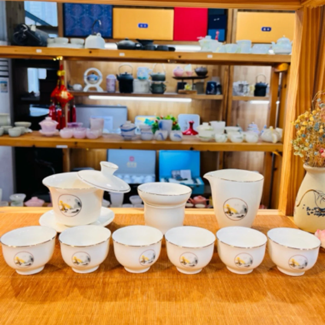 晟翔羊脂玉瓷茶具白瓷套装—松山盖碗10件套