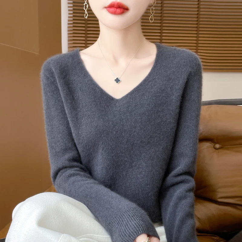 100%纯羊毛针织打底衫女2025新款春秋内搭大码女装秋冬季V领毛衣