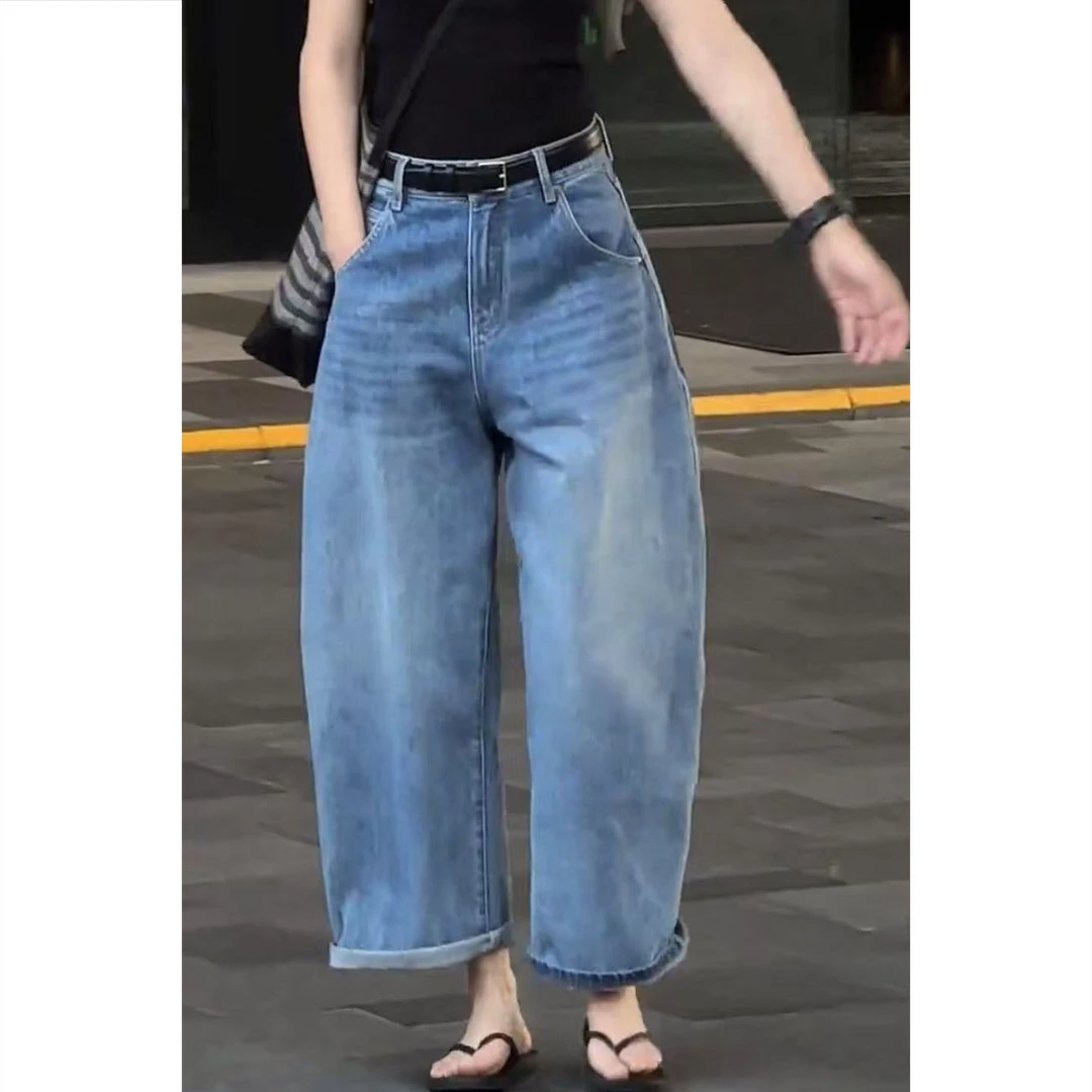 设计感牛仔裤卷边高街风高腰直筒裤百搭裤子薄款早秋新款休闲风女