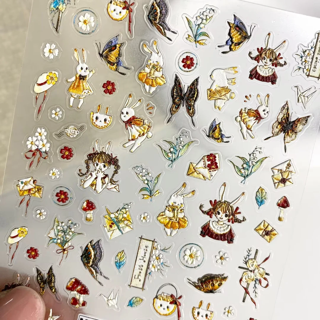 复古法式童话小兔子浮雕美甲贴纸蝴蝶铃兰花卉ccd手机壳diy指甲贴