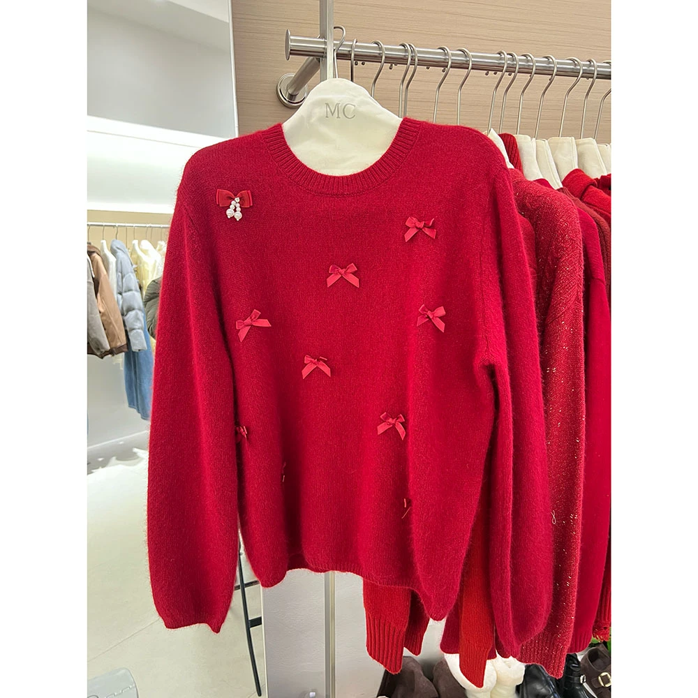 【蝴蝶结新年毛衣】欧洲站冬季新款红毛衣珍珠圆领宽松18629