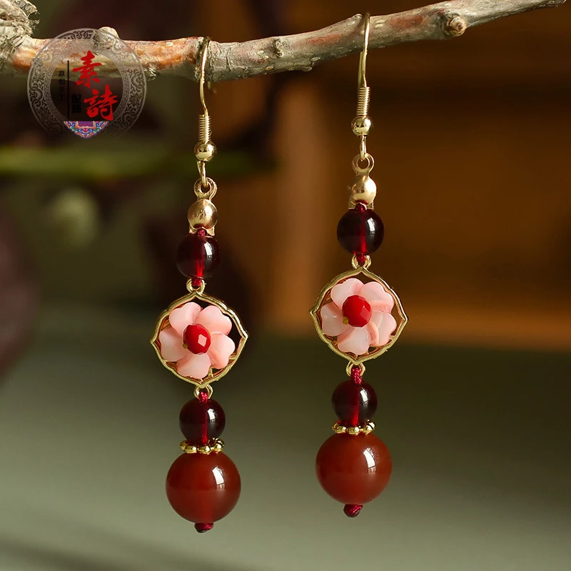 铜合金耳饰 新中式耳环红色长款显白小众新款古典旗袍耳坠