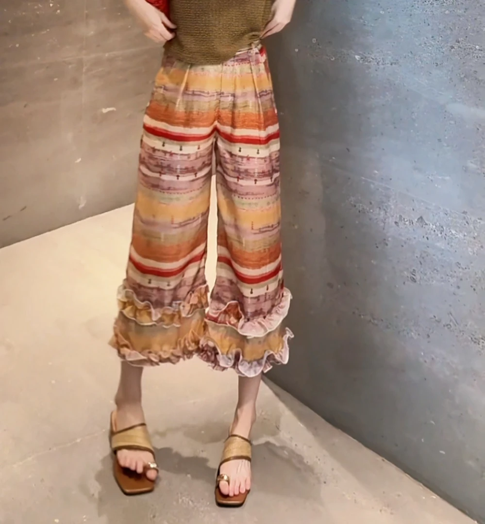 b4319 CC推荐 波西米亚风彩虹印花花边阔腿裤