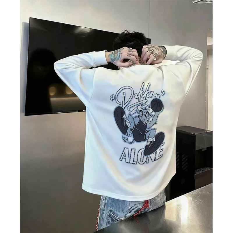 美式创意涂鸦小妞字母印花长袖T恤男秋冬季百搭宽松休闲纯棉上衣