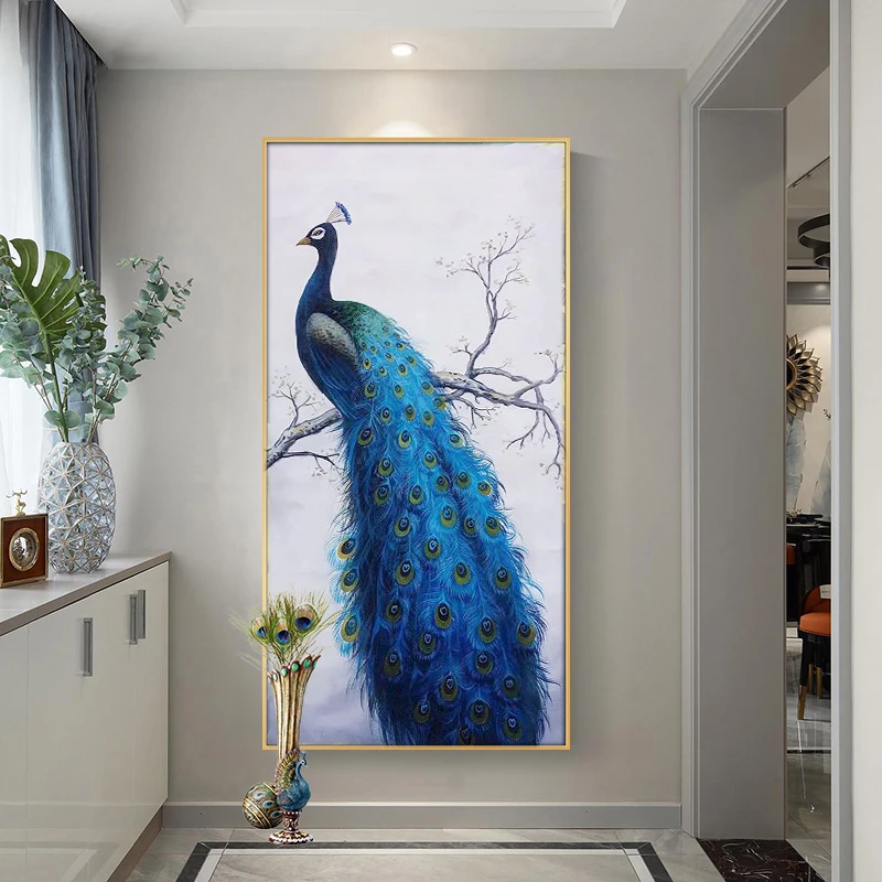 新款竖版玄关富贵蓝孔雀满钻全贴魔方圆钻石画卧室客厅手工贴钻画