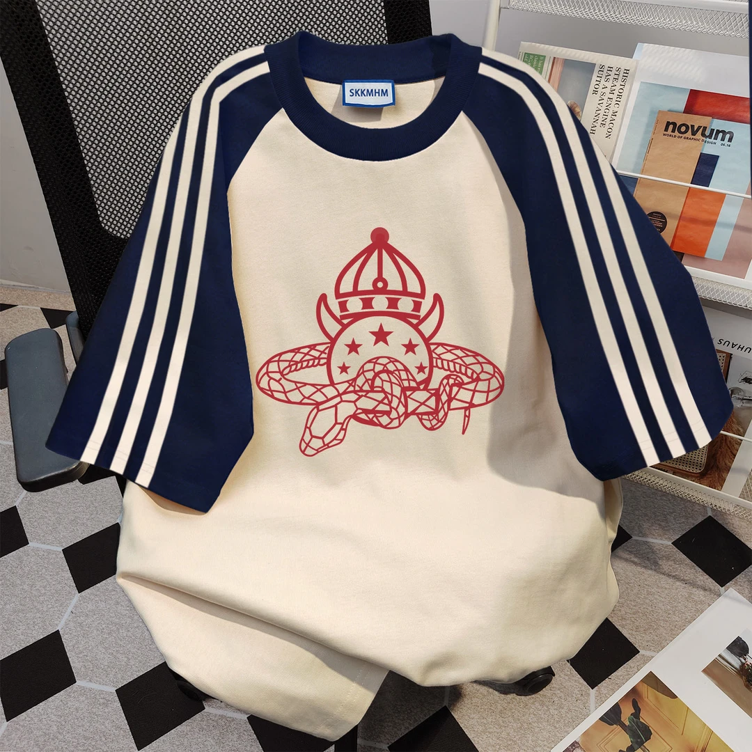 100%纯棉日系复古蛇印花三条杠短袖t恤夏季ins休闲潮流情侣款上衣