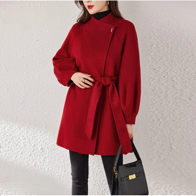 刘婷原创绵羊毛时尚极简一粒扣立领双面羊毛大衣新款红色秋冬外套