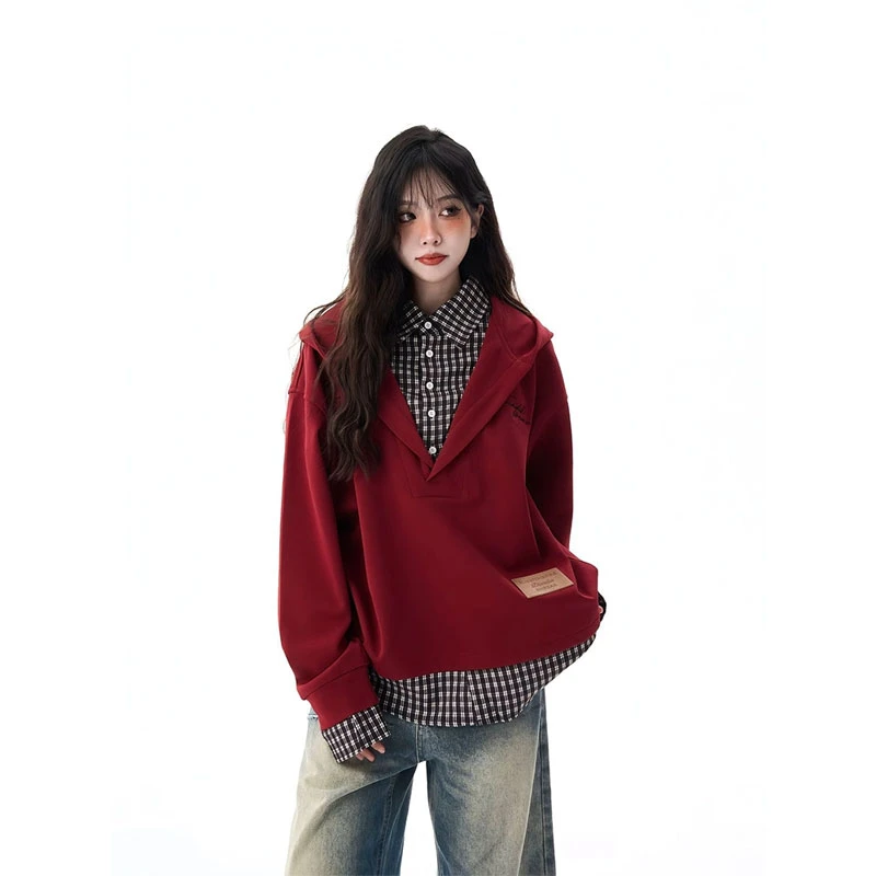 酒红色美式假两件连帽卫衣男女秋季格子衬衫拼接设计感学院风外套