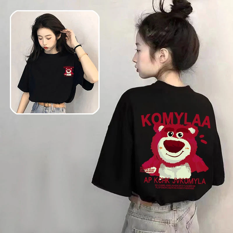 2025新款黑色纯棉短袖t恤女夏季爆款设计感宽松草莓熊印花上衣潮