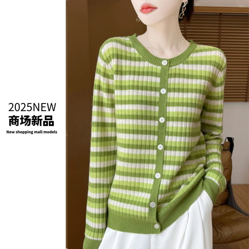 100%美丽诺羊毛圆领衫女款彩条通勤开衫修身时尚毛衣显瘦长袖针织