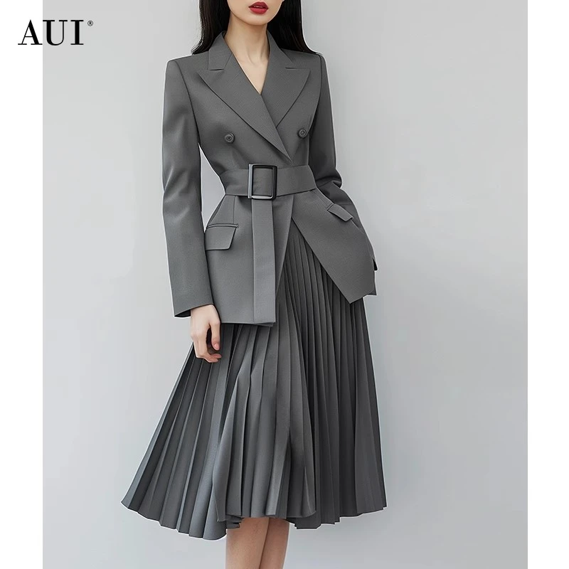 《李易行》AUI灰色设计小众职业减长袖西装百褶裙套装-20240304