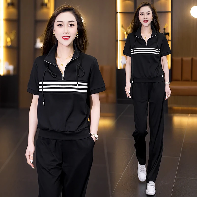 休闲运动套装2025夏季新款简约时尚显瘦减龄立领上衣阔腿裤两件套