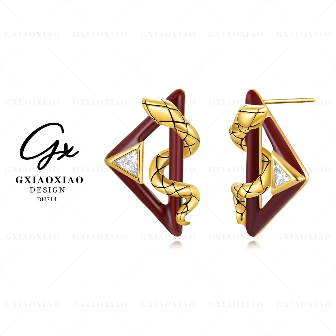 铜合金合成锆石耳饰 GXX 高级设计师款气质三角灵蛇耳环 DH714