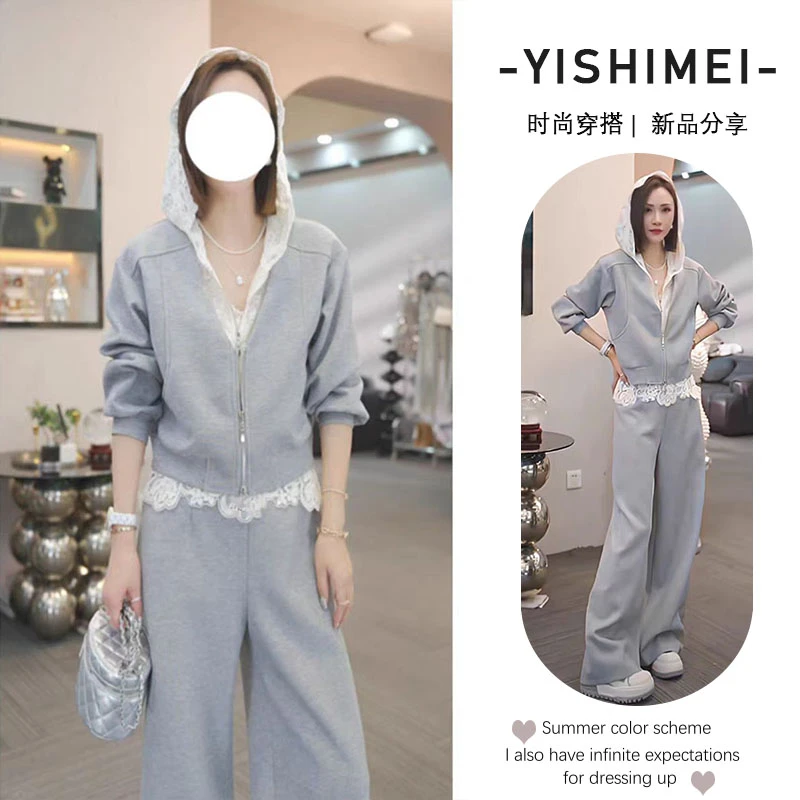 春装搭配一整套2025年新款设计感拼接蕾丝假两件卫衣休闲裤两件套
