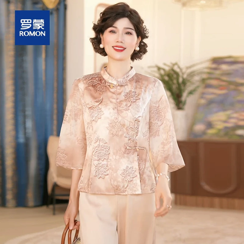 罗蒙中年妈妈春装新中式国风套装2025新款洋气上衣中年女装两件套