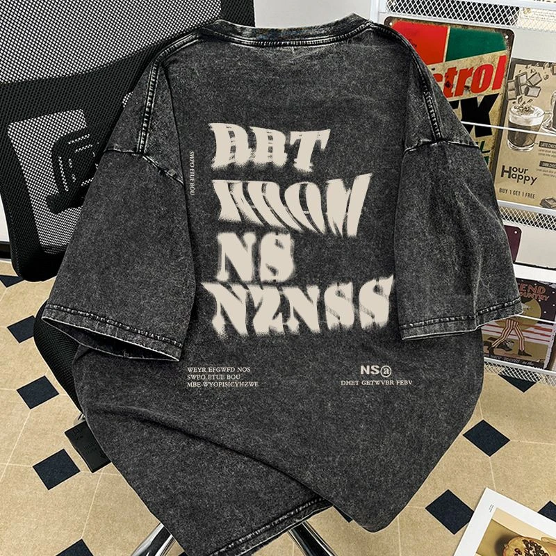 【专柜清仓】做旧美式纯棉春夏新款字母印花水洗黑圆领短袖男女街