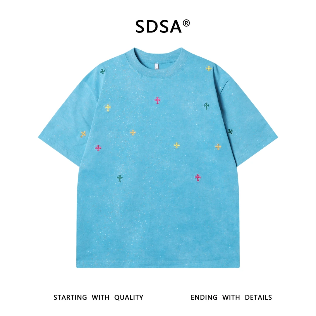 夏季高级感新款潮牌满天星彩色刺绣十字圆领短袖T恤时尚百搭上衣