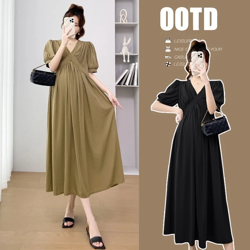 2025夏装新品韩版时尚宽松遮肚气质V领纯色气质孕妇连衣裙