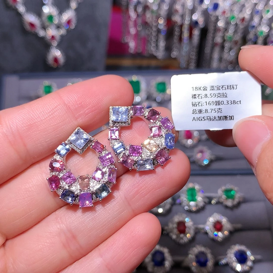 【闪购商品】彩色蓝宝石耳钉18K金镶嵌
