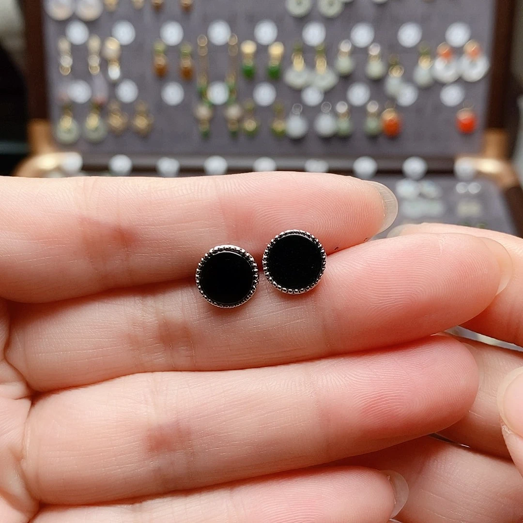 银S925镶嵌和田玉耳饰啤*盖