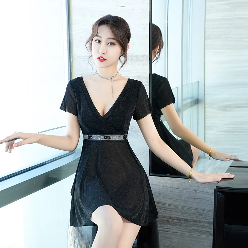 上档次黑色网纱减龄透视温泉修身遮肚a字裙夜场ktv上班女孩衣服