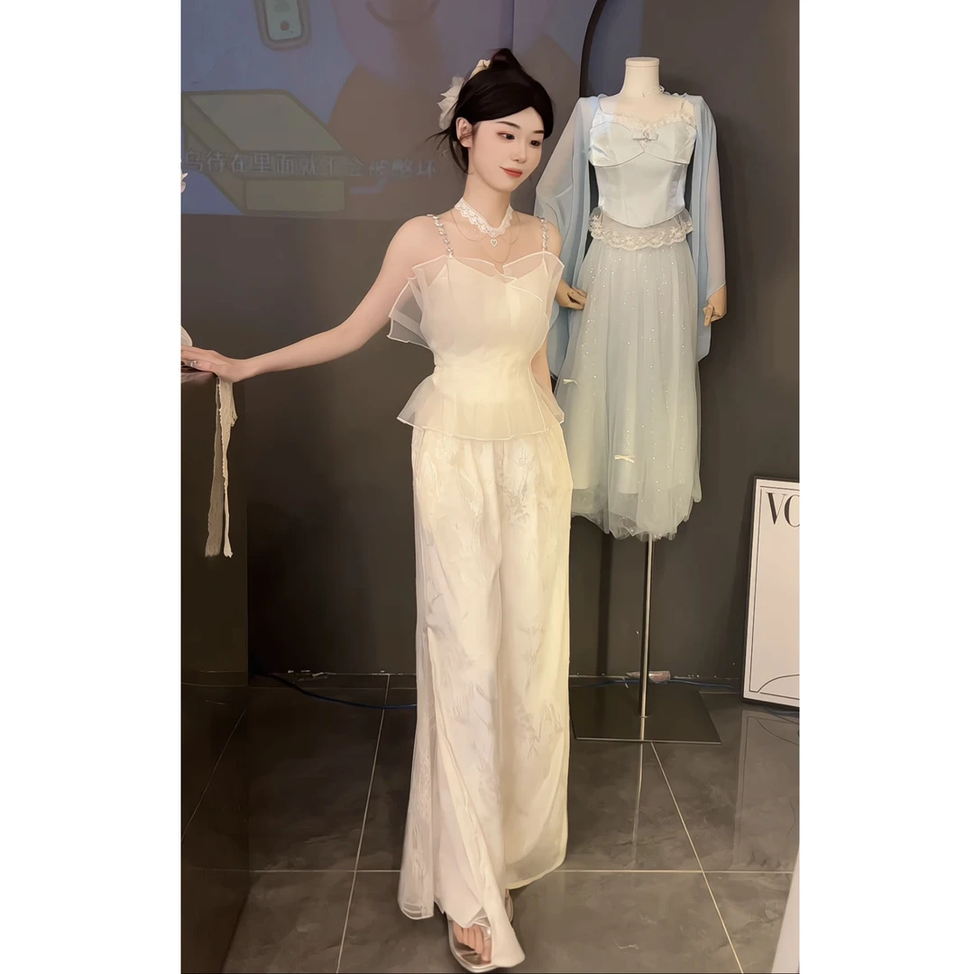 新中式国风套装女夏季2025新款洋气减龄吊带背心高腰阔腿裤两件套