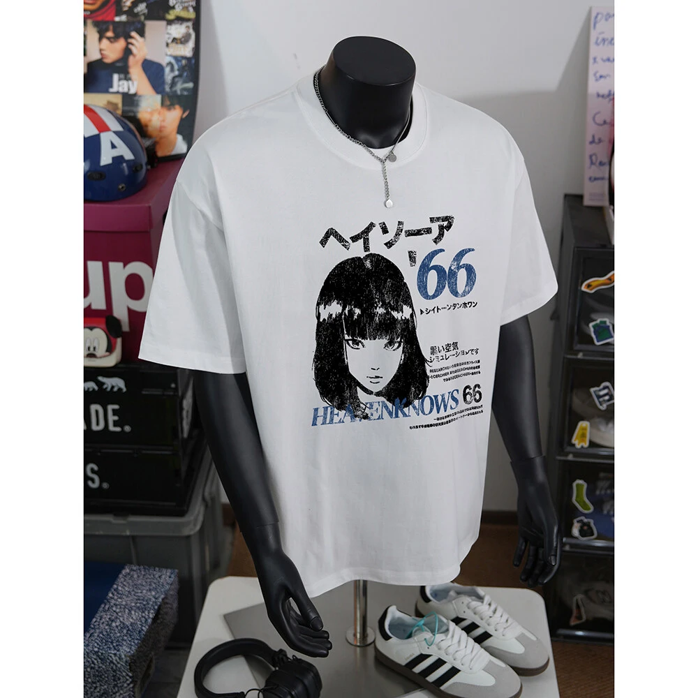 涩谷女孩漫画印花T恤高街vintage男设计感重磅纯棉短袖男cleanfit