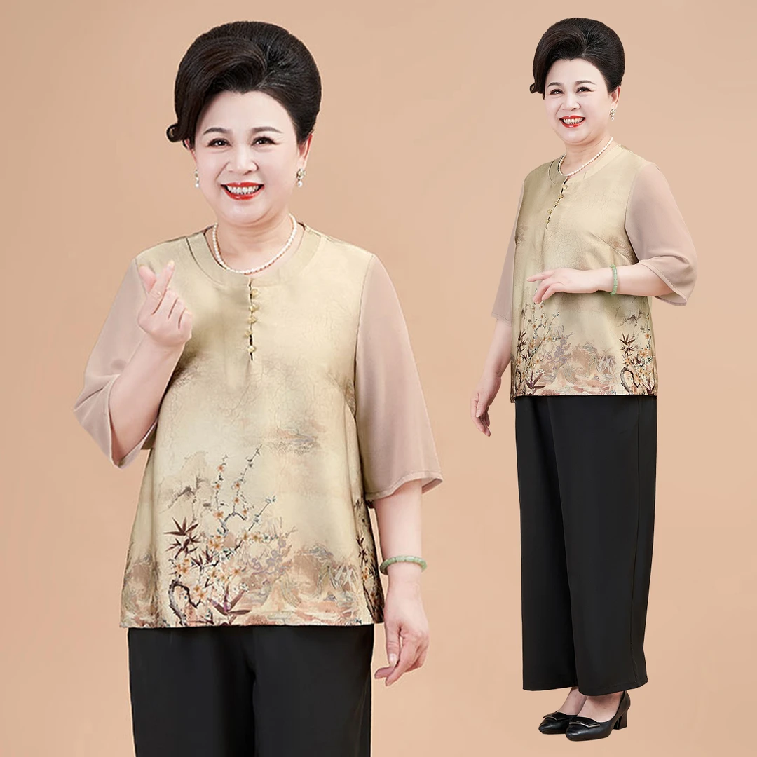 中老年女装妈妈装夏季新款洋气圆领五分袖印花上衣加大码薄款T恤