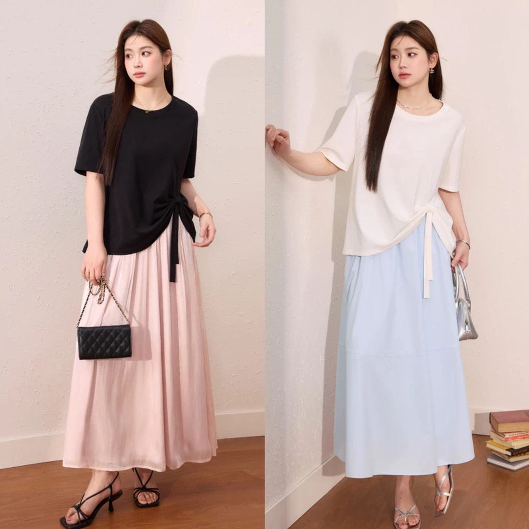 蓝语大码女装天丝棉黑色显瘦短袖T恤夏季新款不规则百搭遮肉上衣