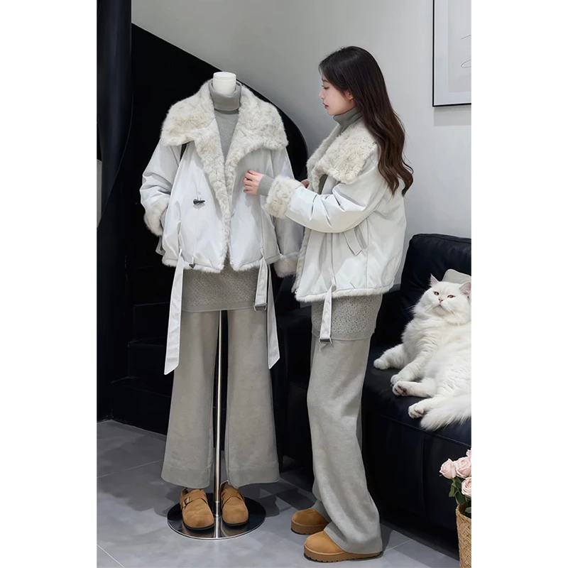 MARIE.COCO冬季新款毛领加厚保暖派克服棉服外套屁帘休闲裤套装