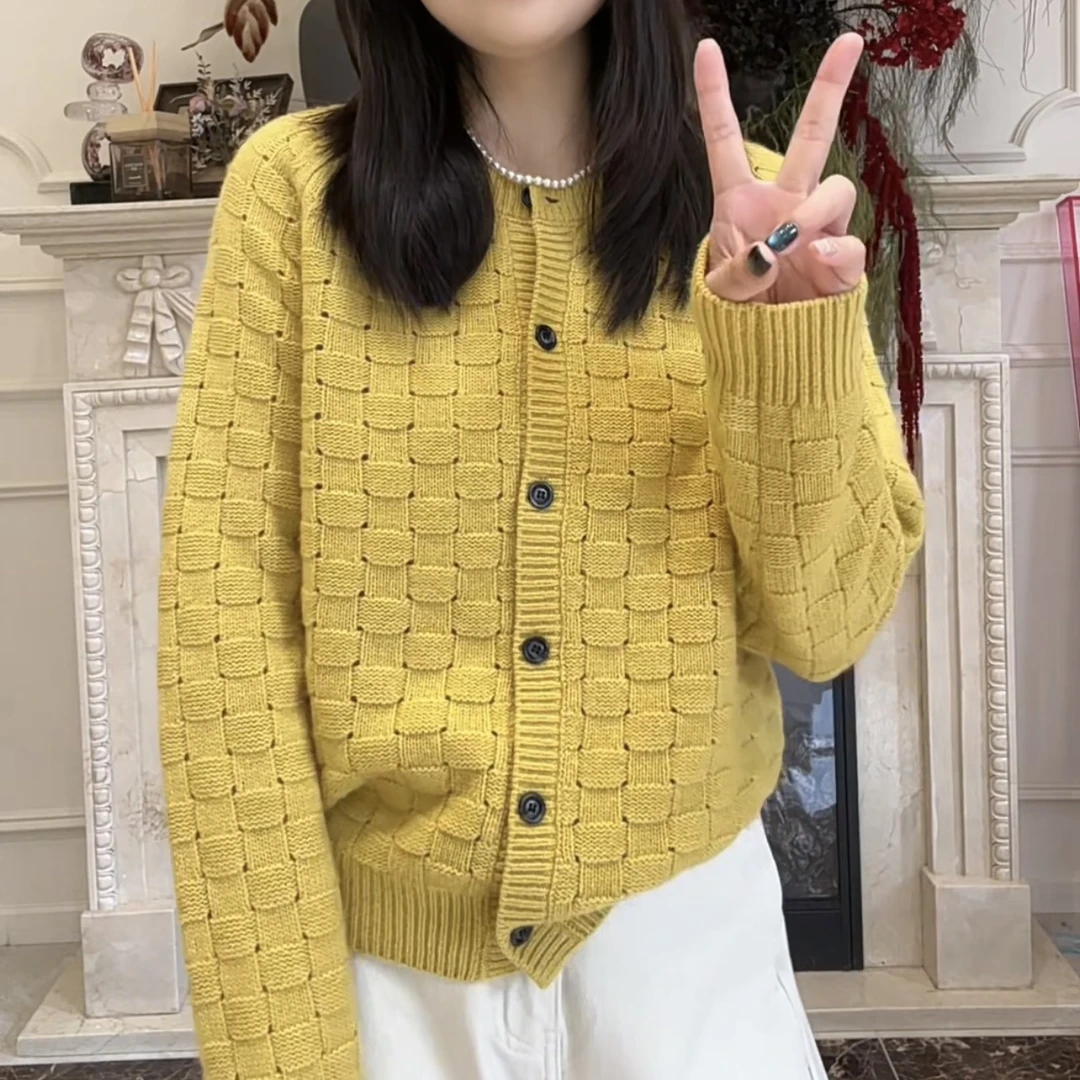 【华夫格】100%羊毛针织衫韩系长袖圆领开衫轻奢气质羊毛衫61210