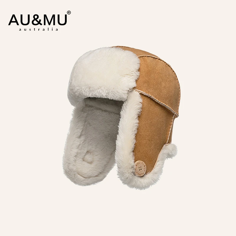 AUMU冬季新品羊皮毛一体雷锋帽女加绒防风户外护耳加厚棉帽女2023