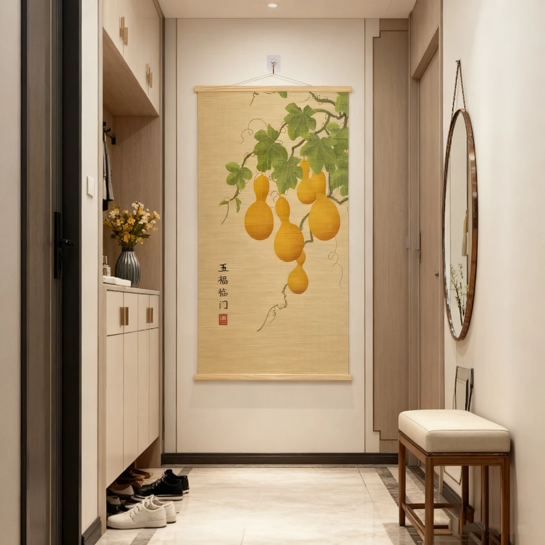 新中式五福临门葫芦竹编装饰画适用于民宿店铺客厅卧室茶室办公室