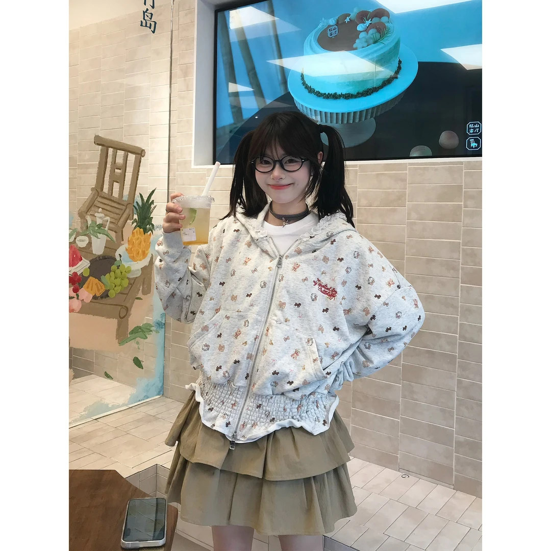 文文不乖原创美式可爱小猫满印刺绣开衫连帽外套男女秋冬慵懒卫衣