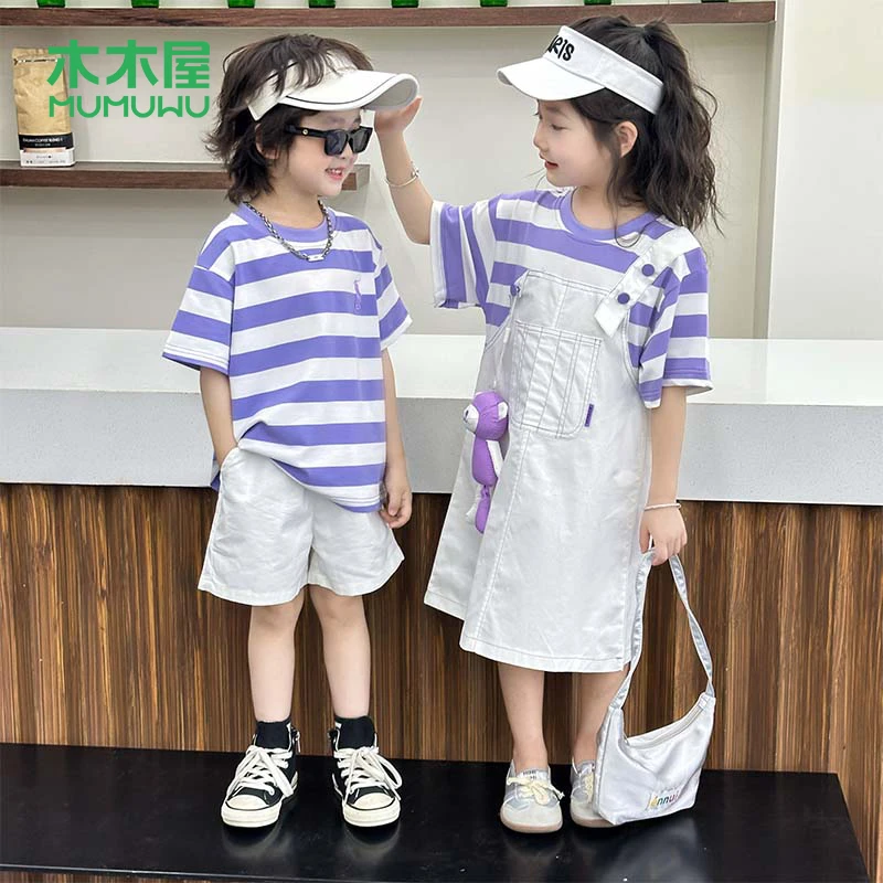 【李美丽专属】【顾奈】木木屋夏季儿童上衣假两件背带裙姐弟装HCB376