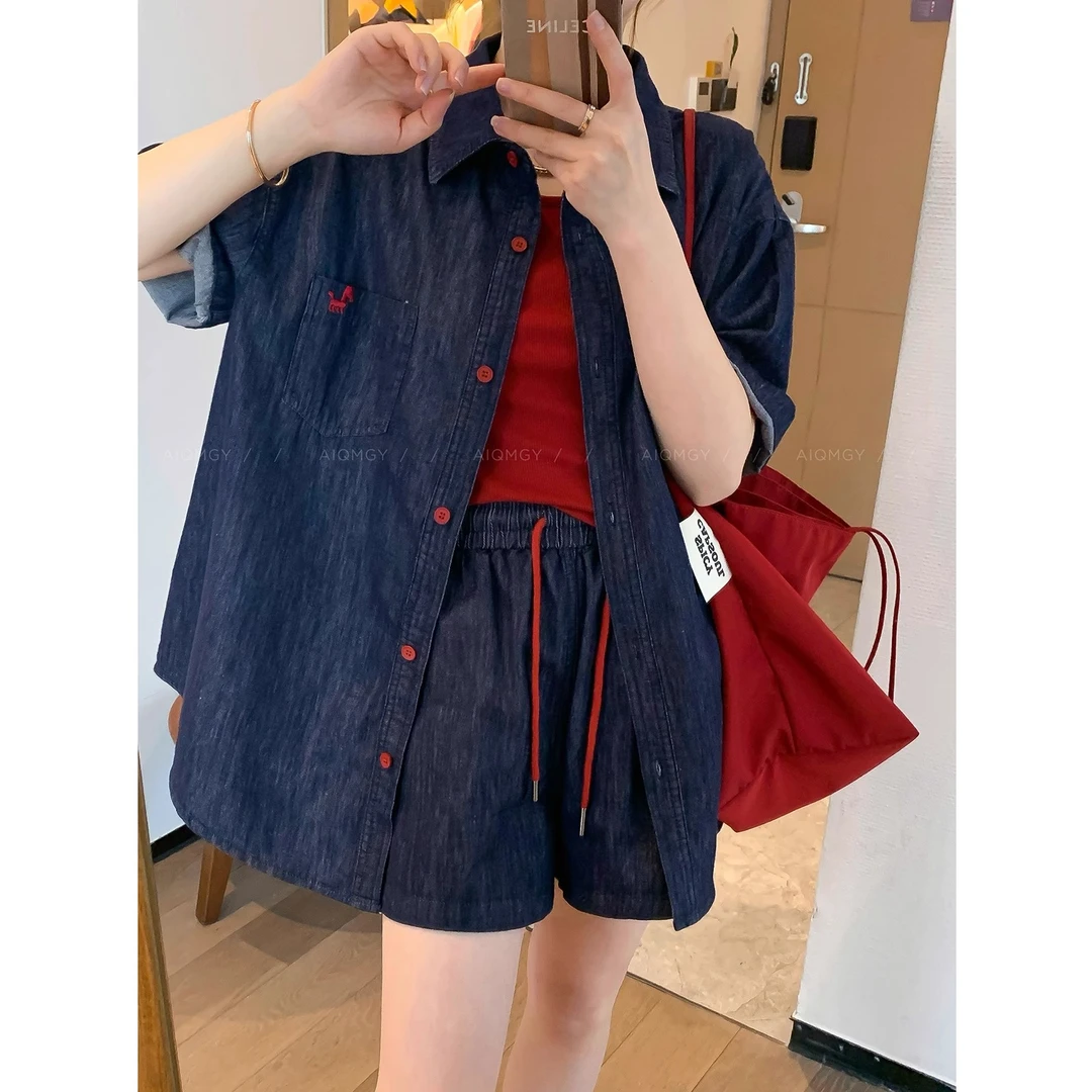 休闲牛仔套装女夏2025新款好搭配韩版短袖衬衫高腰抽绳短裤两件套